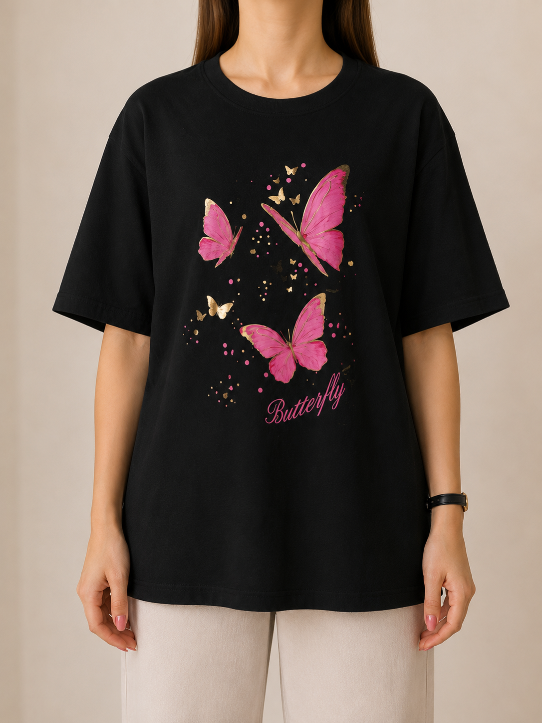 تیشرت زنانه مشکی طرح پروانه Butterfly وارداتی