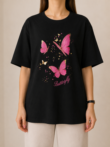 تیشرت زنانه مشکی طرح پروانه Butterfly وارداتی